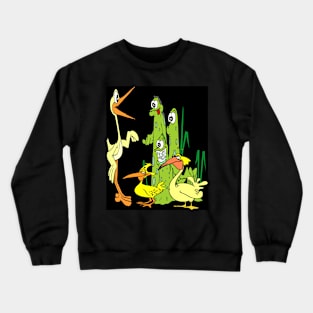 Cartoon Fantasy Abstract Ducks and Swamp Creatures Print Crewneck Sweatshirt